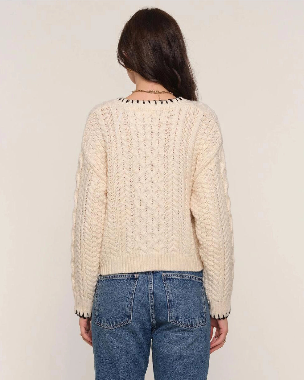 cream cardigan with black stitching outline