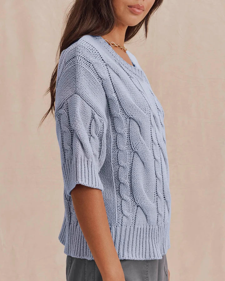 short sleeve cable knit sweater in blue