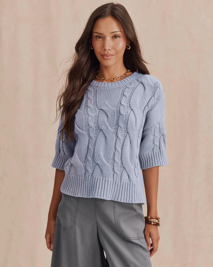short sleeve cable knit sweater in blue