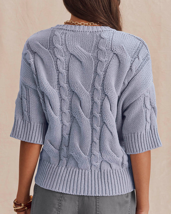 short sleeve cable knit sweater in blue