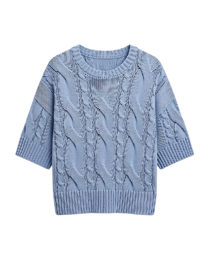 short sleeve cable knit sweater in blue