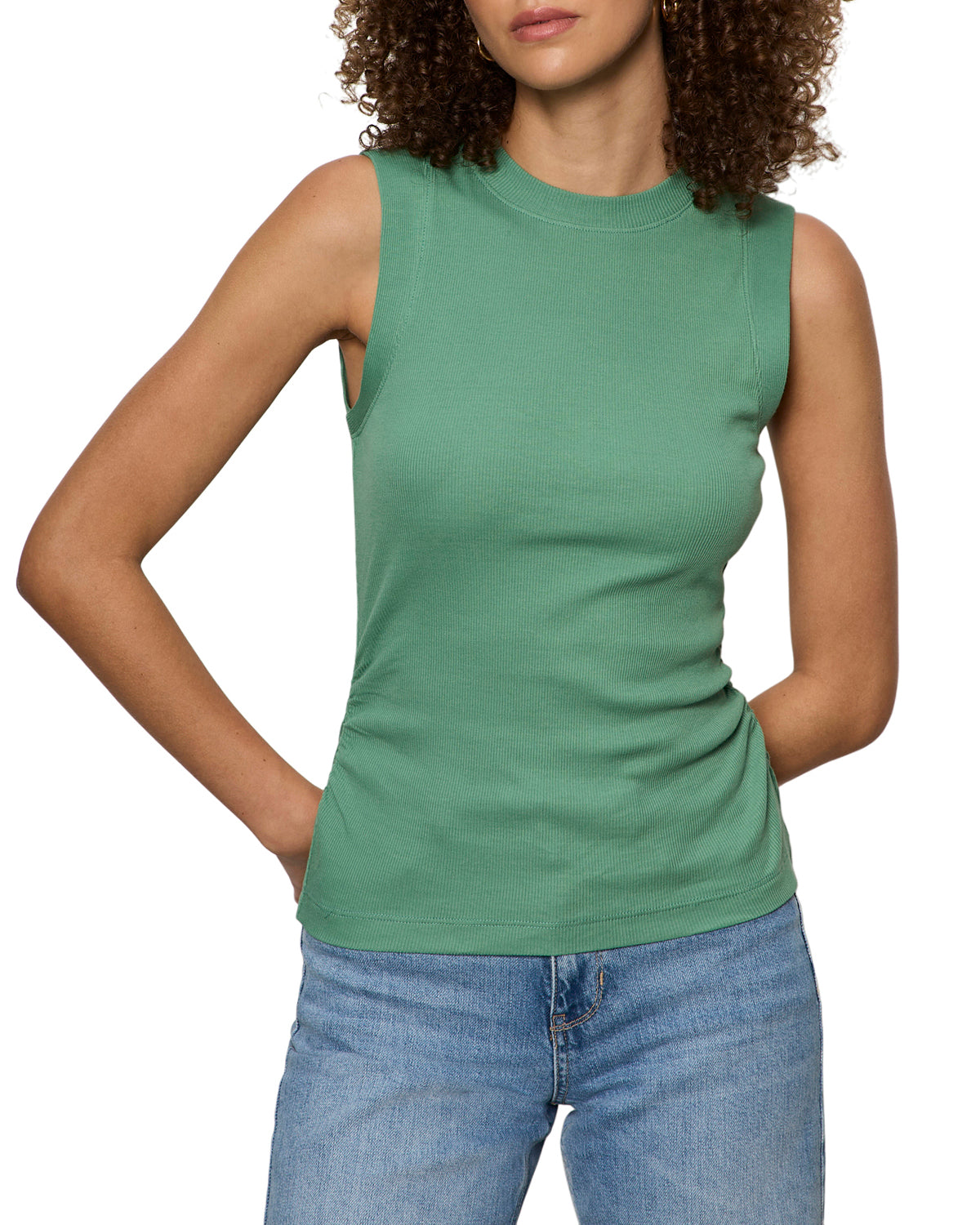 green ribbed tank top with ruching on thee sides