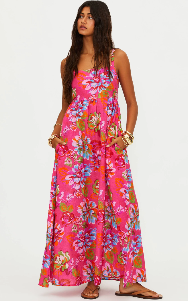 maxi dress in pink with floral prints