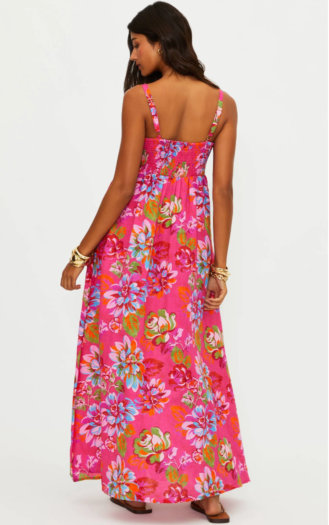 maxi dress in pink with floral prints