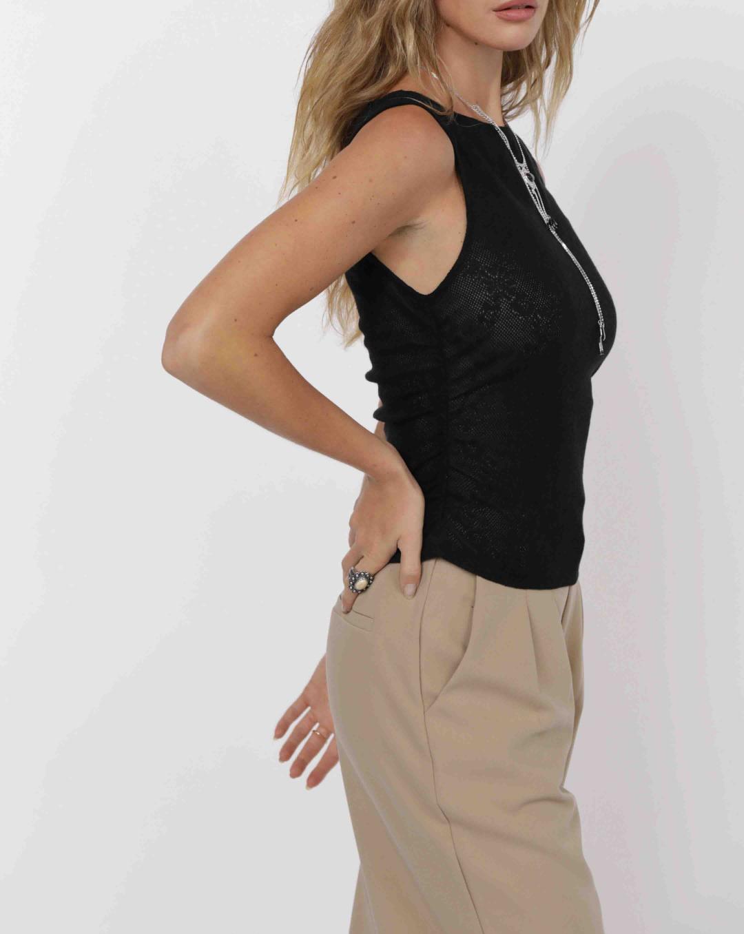 black ruched boathouse neck jacquard knit top