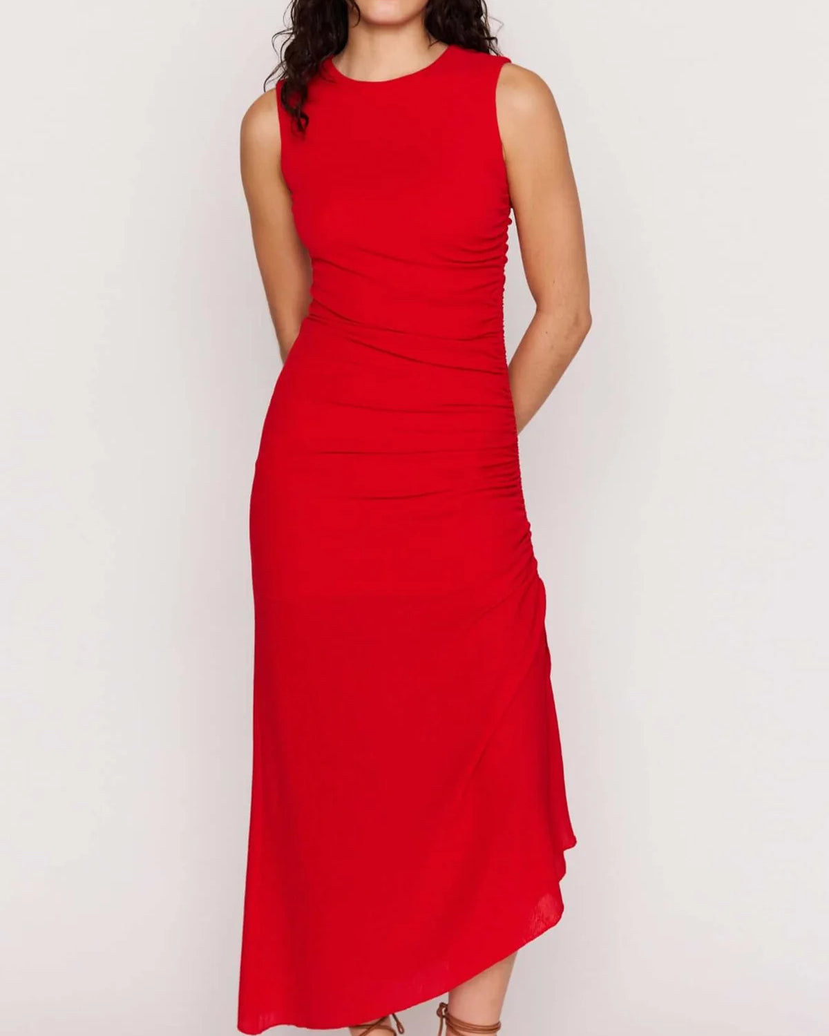 midi red sleeveless dress