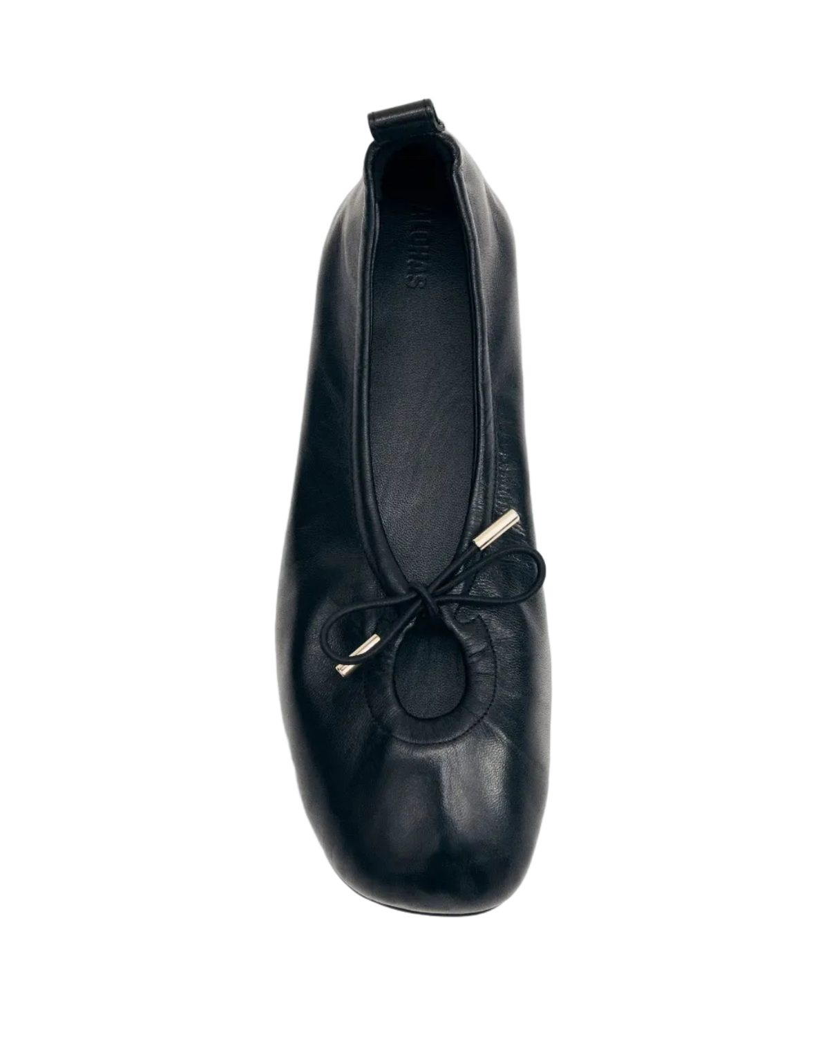 black leather ballet flats with a cut out and bow