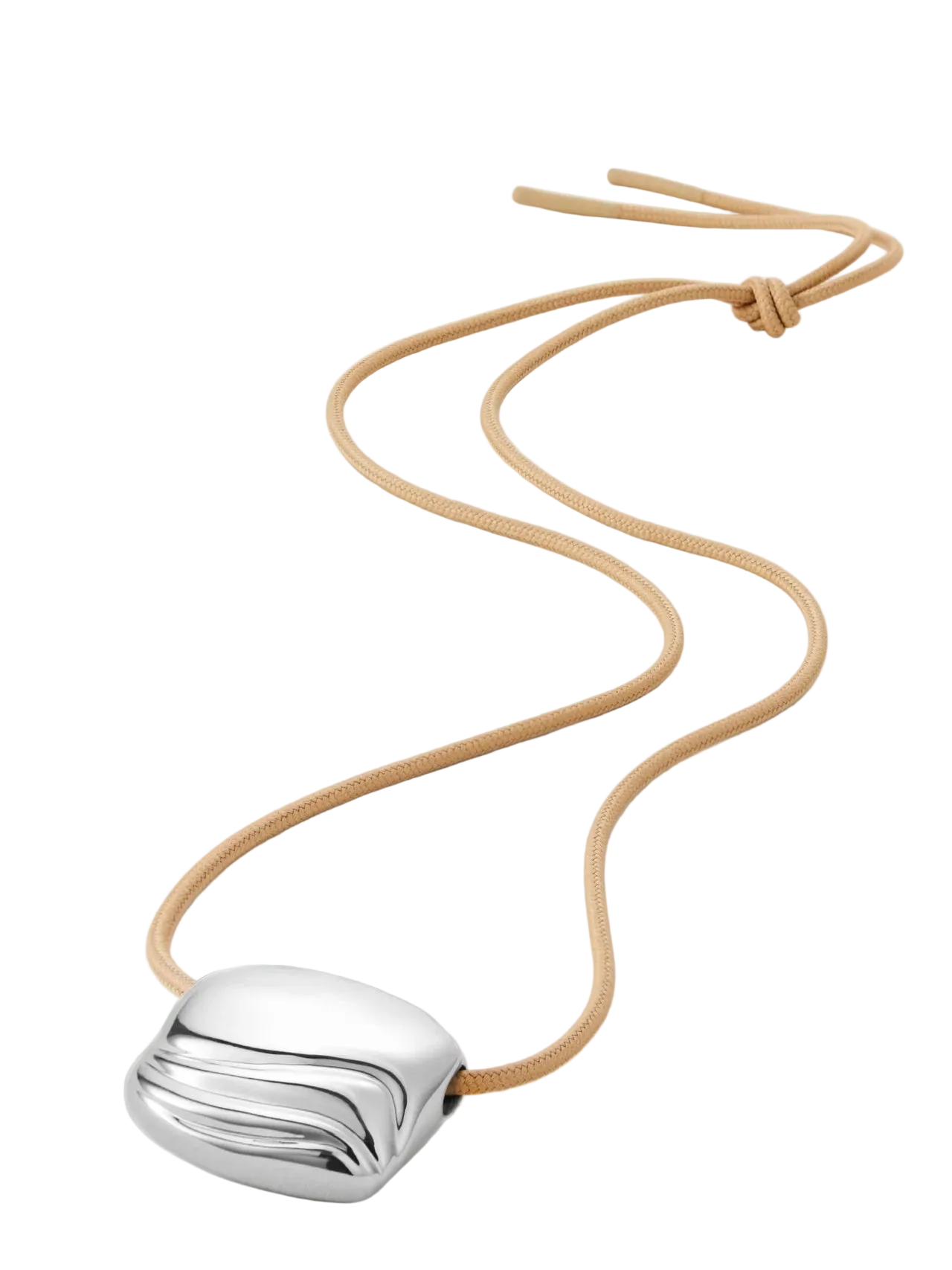 necklace with a statement silver pendant on a tan rope string