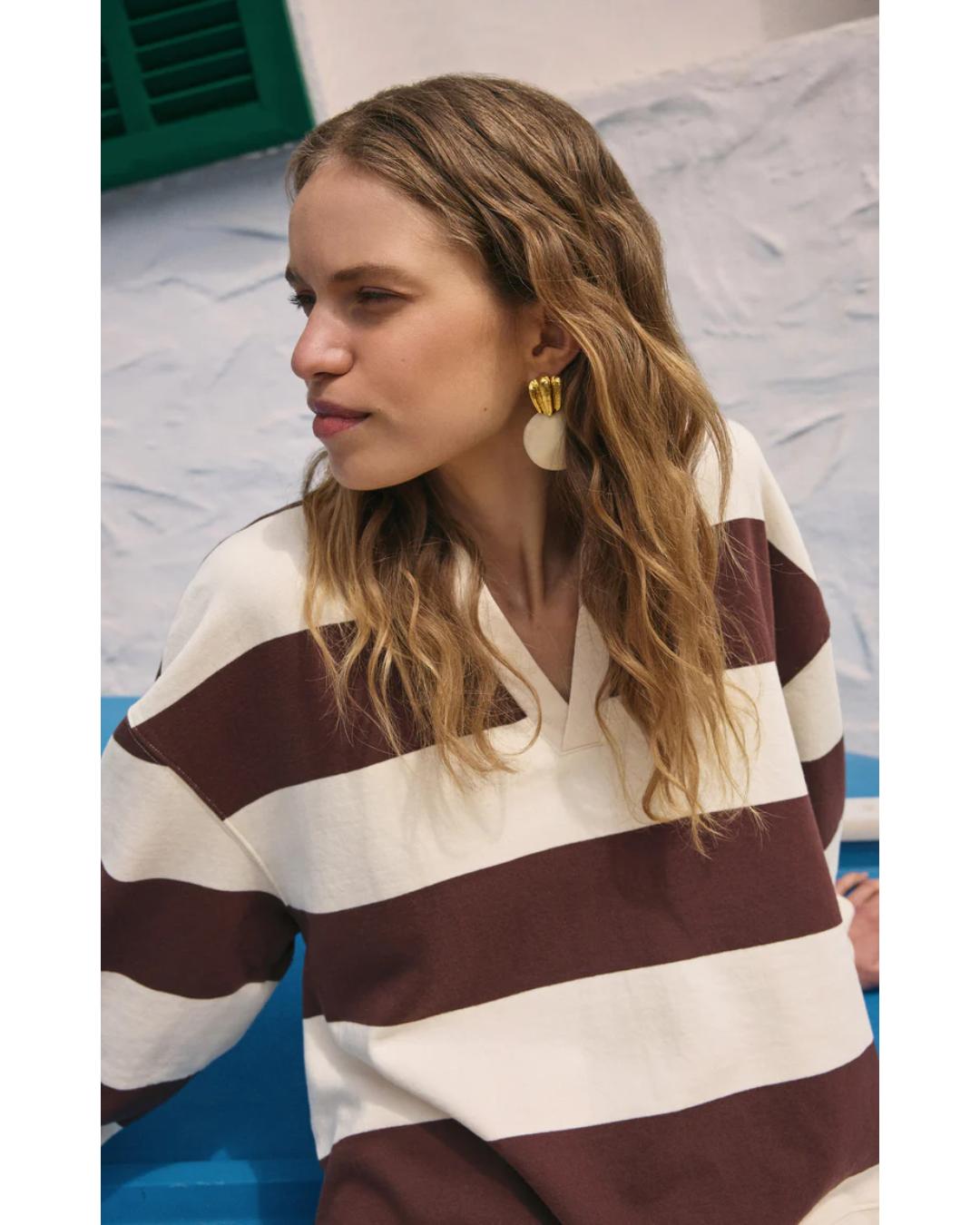 brown and cream v-neck polo long sleeve