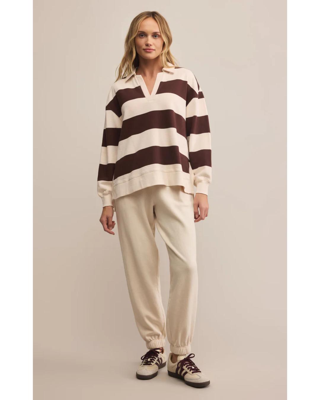 brown and cream v-neck polo long sleeve