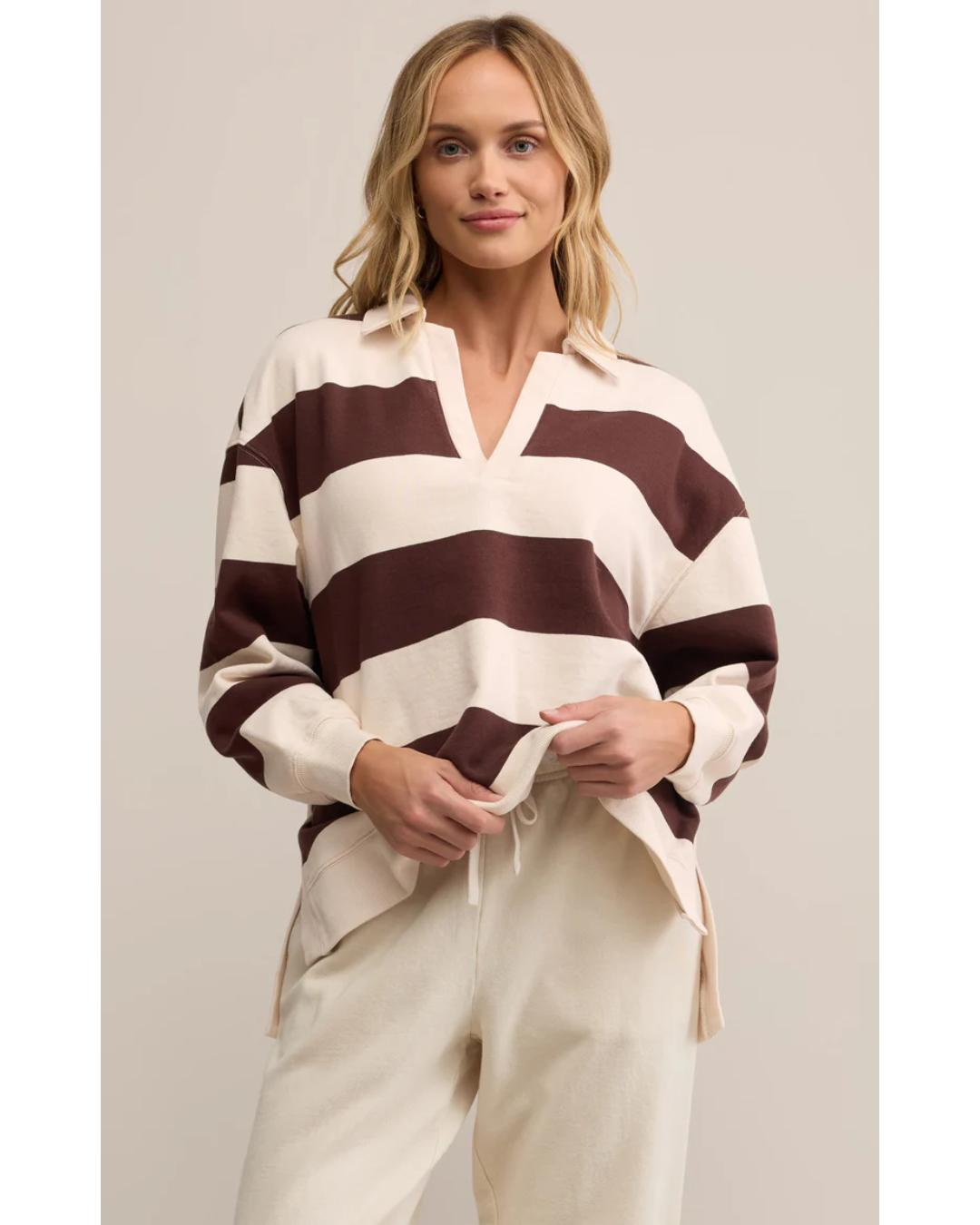brown and cream v-neck polo long sleeve