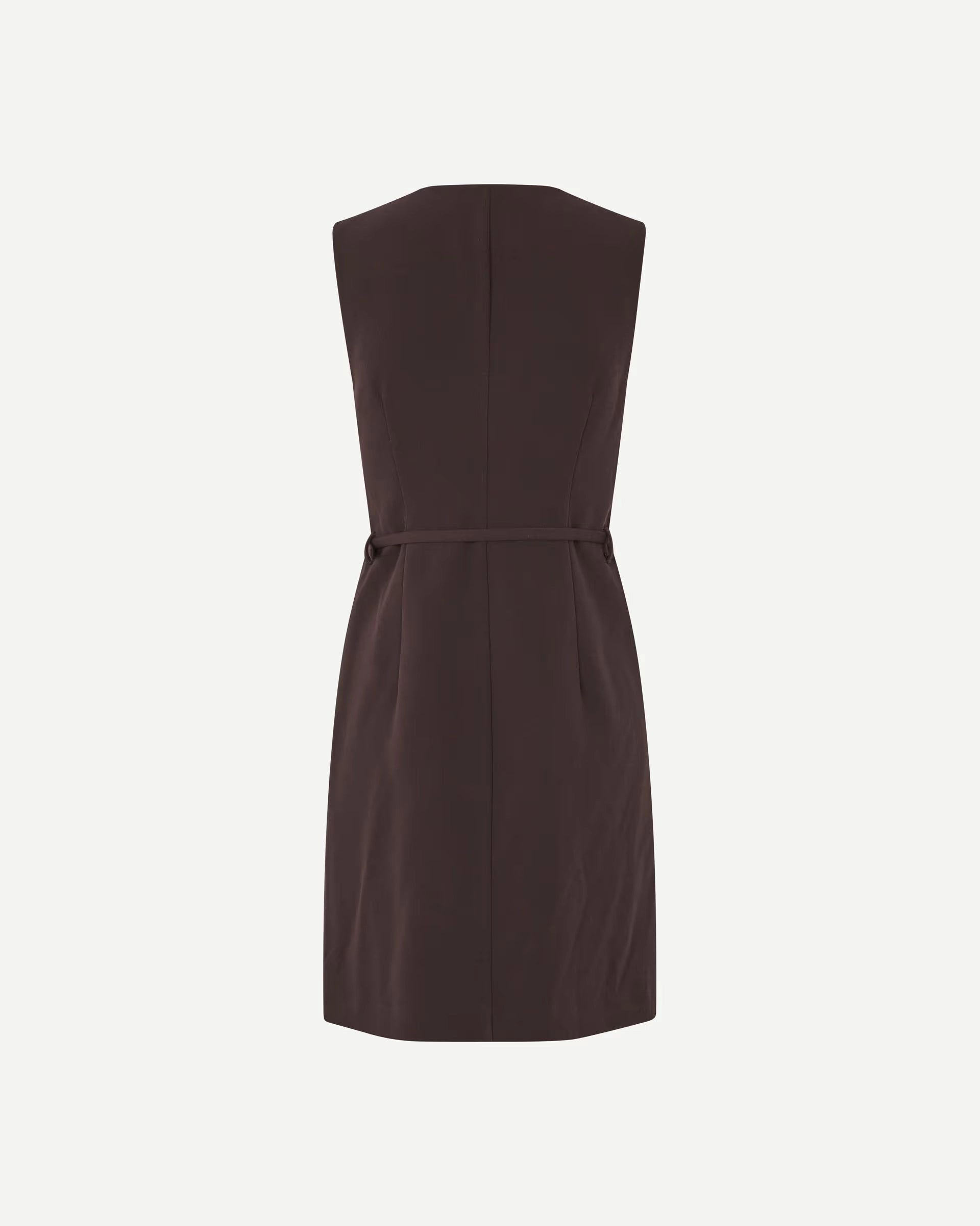 A brown sleeveless button down dress with a belt