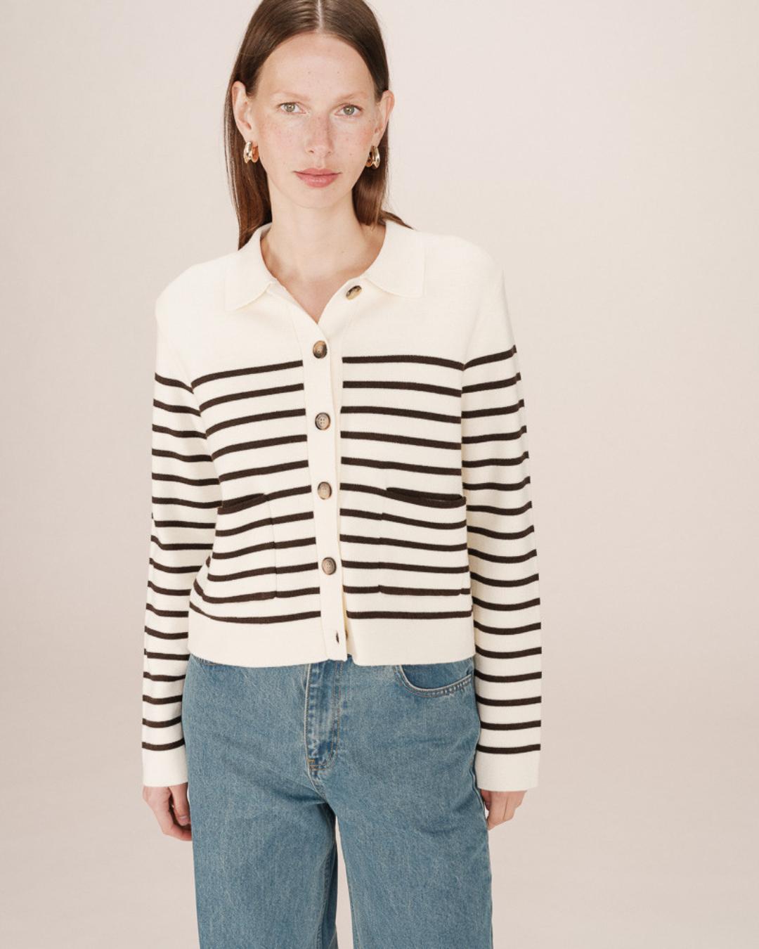 cream and black stripe cardigan with collar
