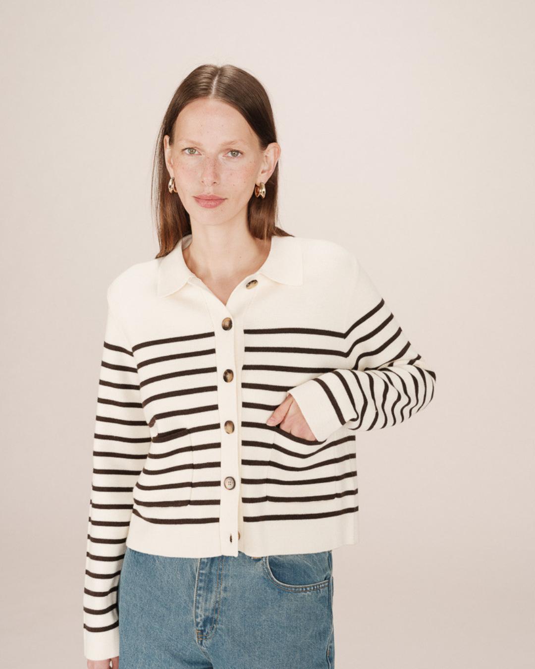 cream and black stripe cardigan with collar