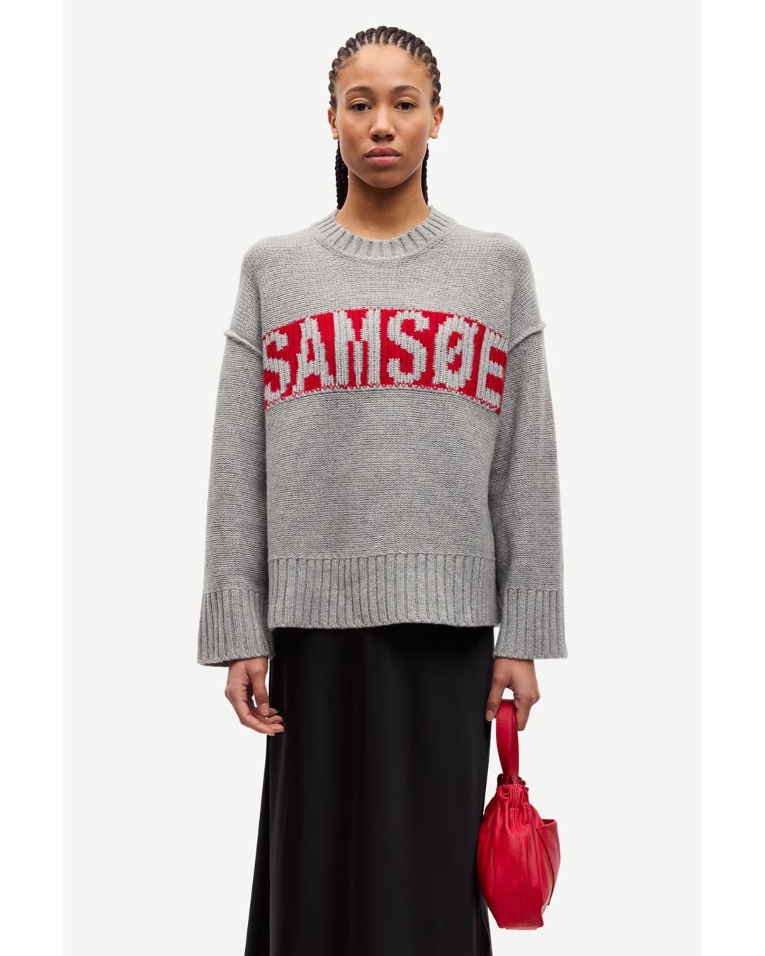 grey knit sweater with samsoe written in red