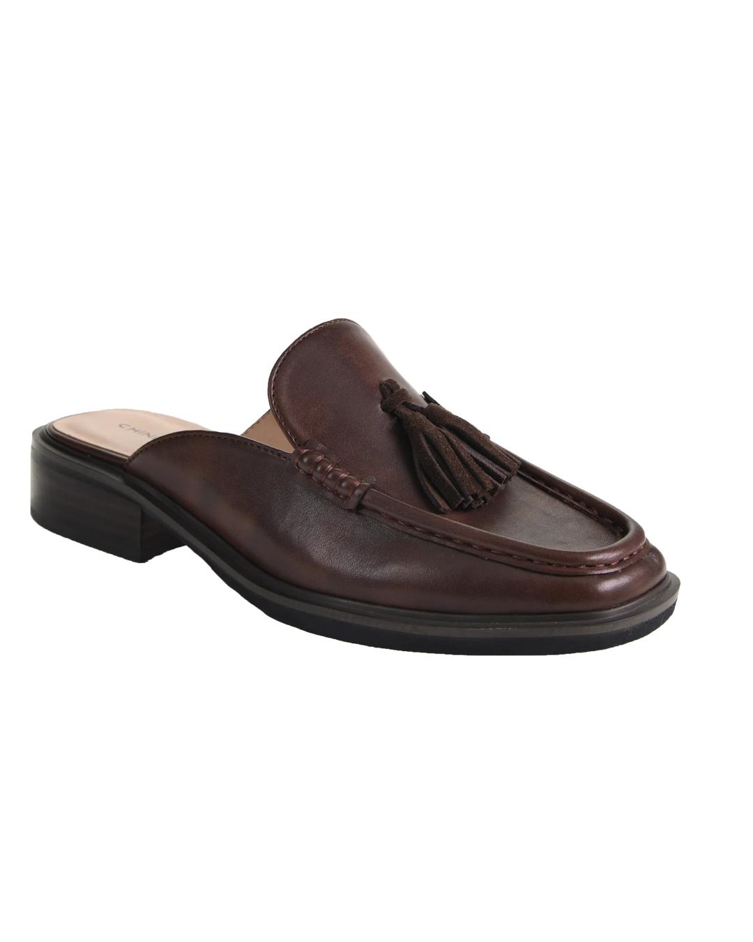 Brown leather slip on loafer with tassel