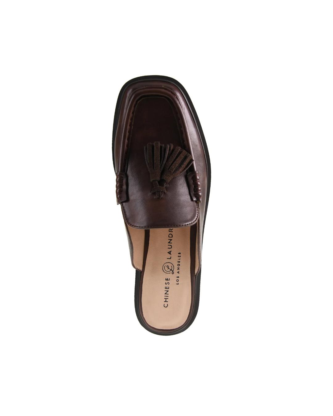Brown leather slip on loafer with tassel