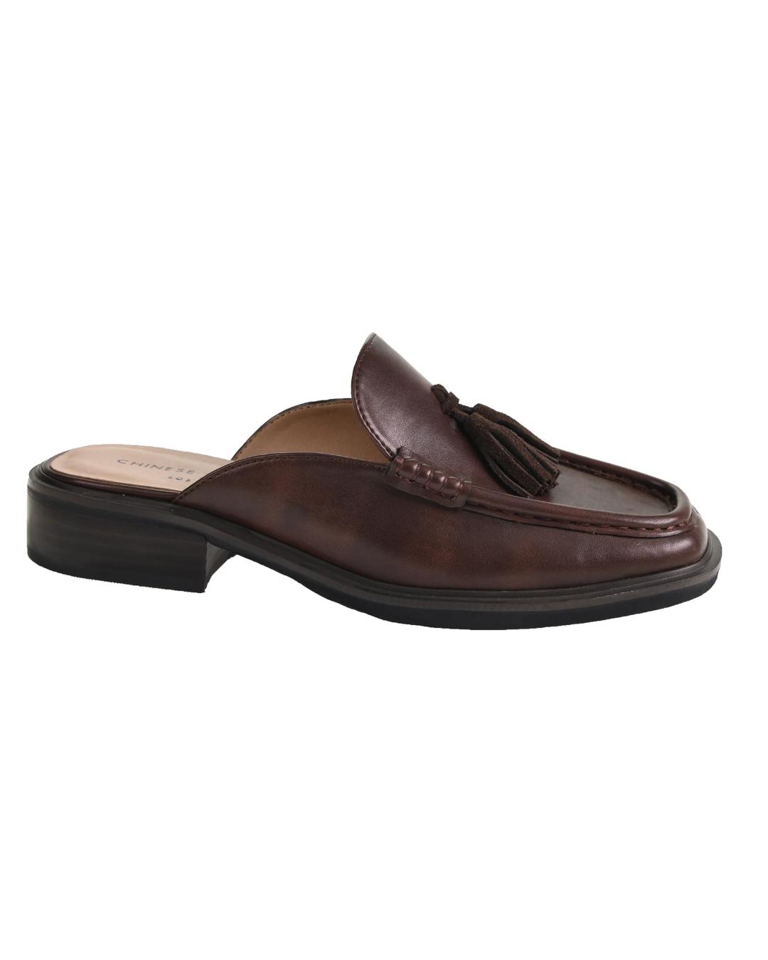 Brown leather slip on loafer with tassel