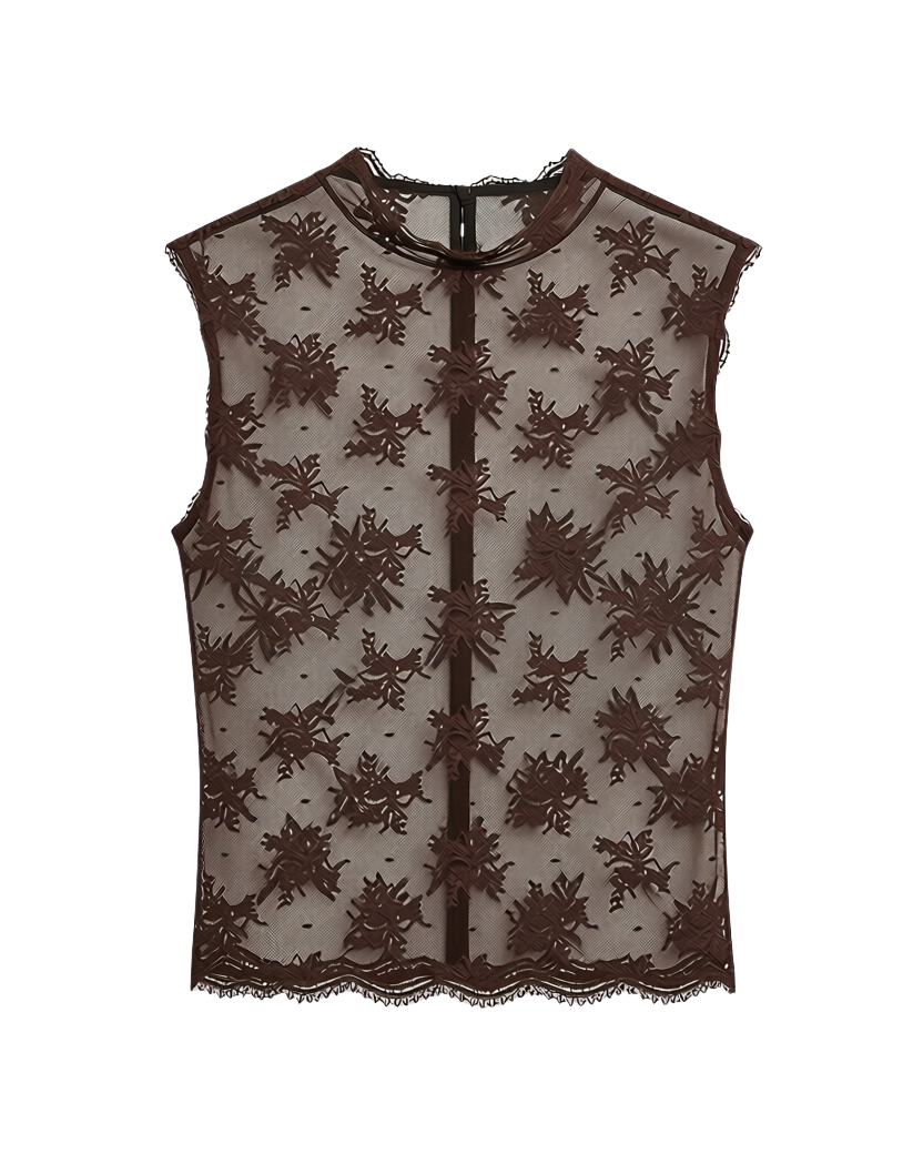 brown sleeveless sheer top with details all over