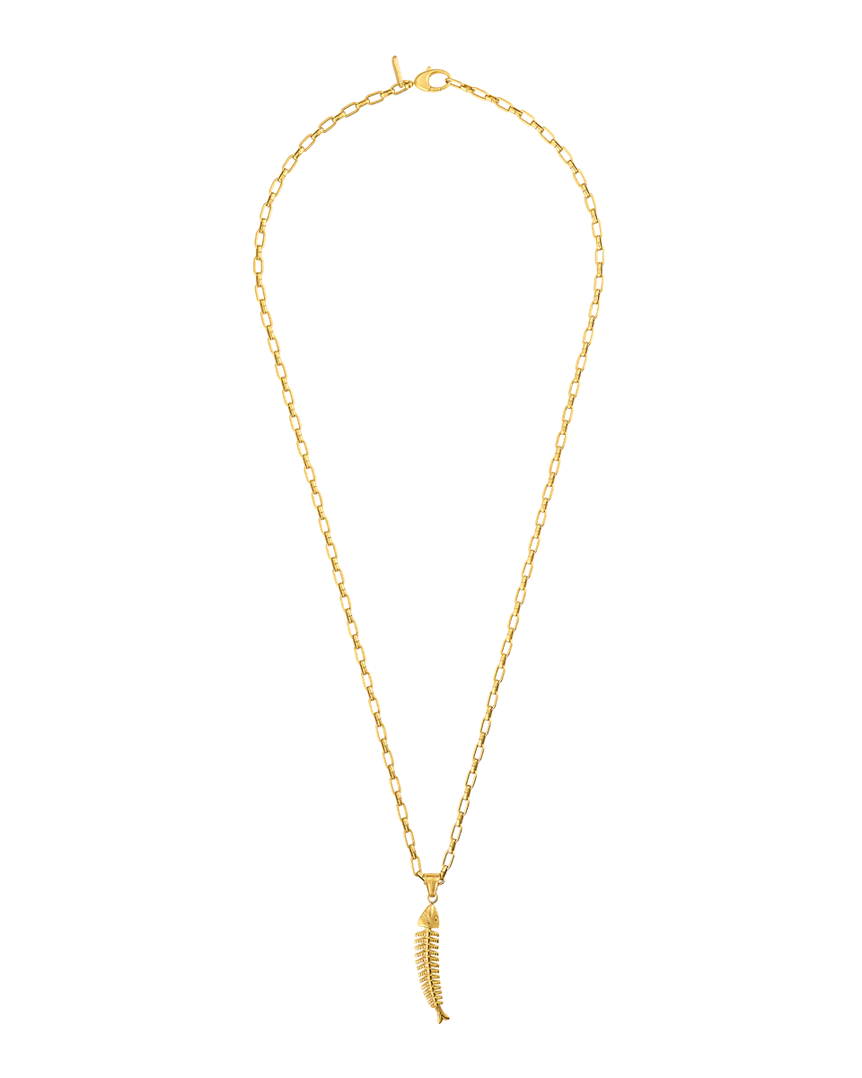 gold link necklace with a fish pendant
