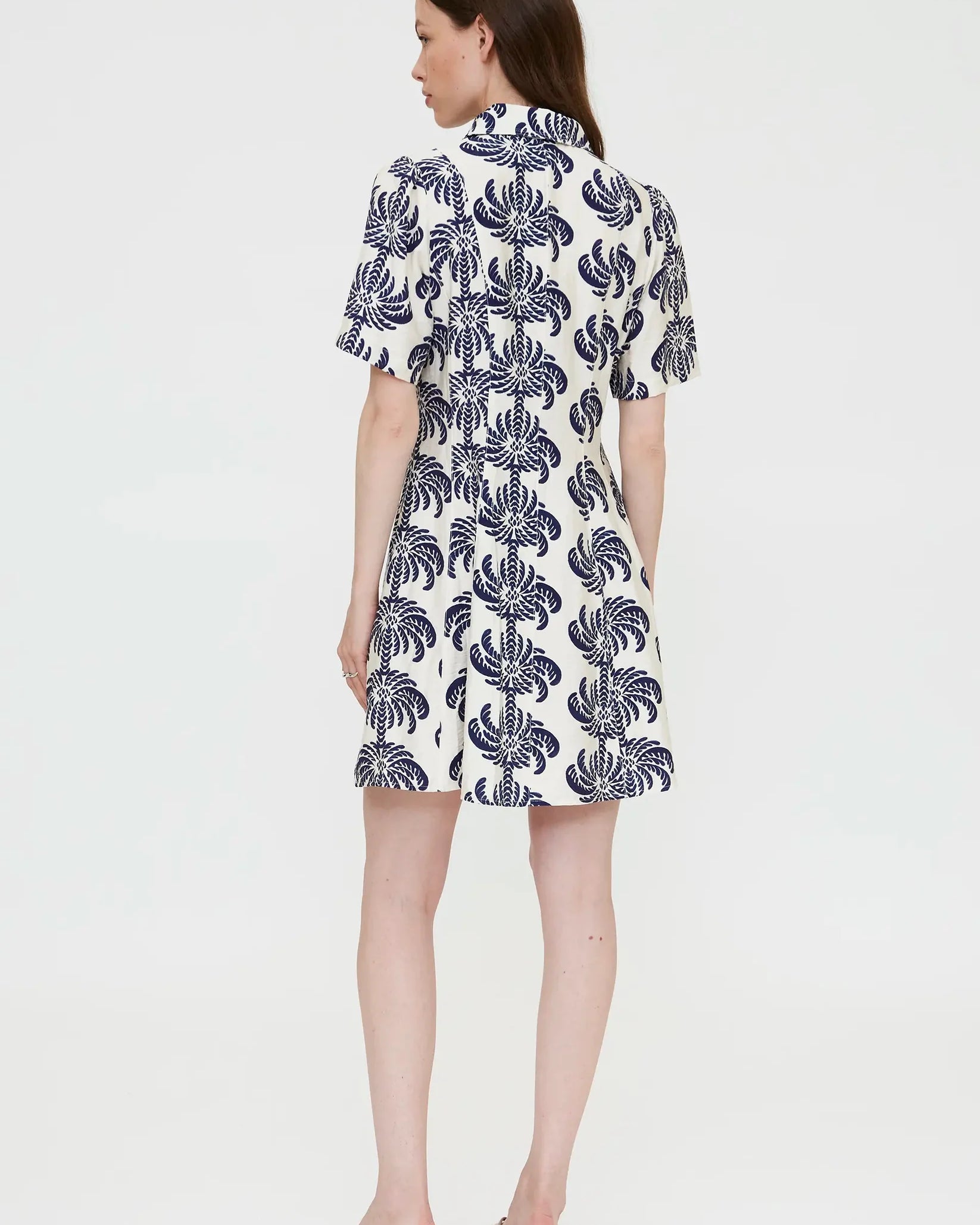 short sleeve dress in cream with blue palm trees