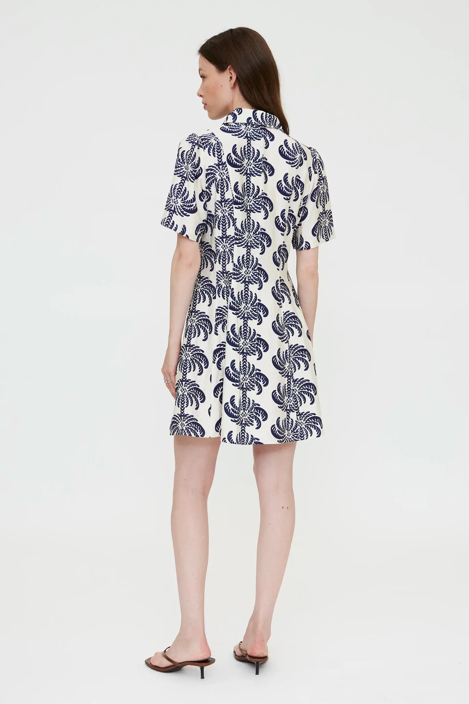 short sleeve dress in cream with blue palm trees