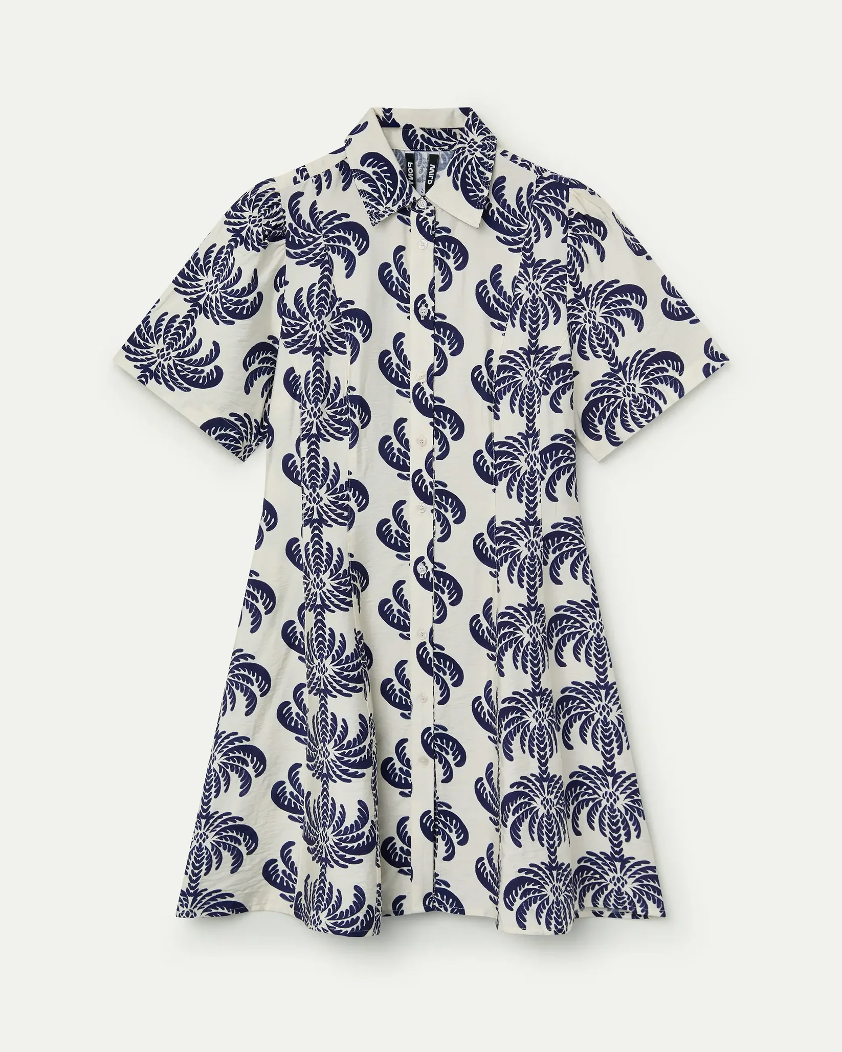 short sleeve dress in cream with blue palm trees