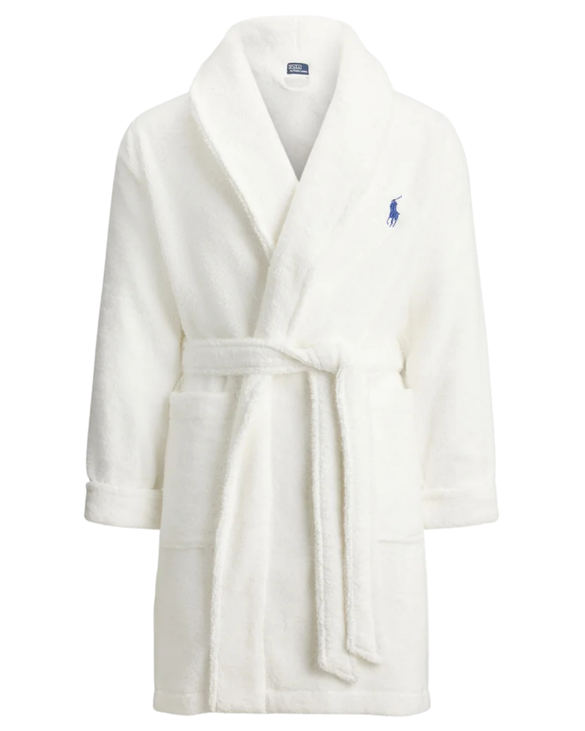 short white robe with polo bear on the back