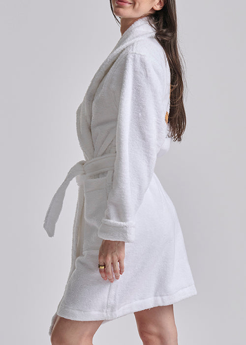 short white robe with polo bear on the back