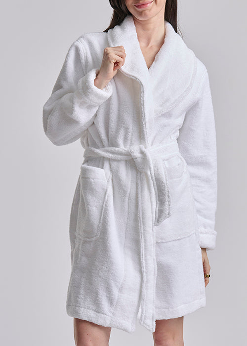 short white robe with polo bear on the back