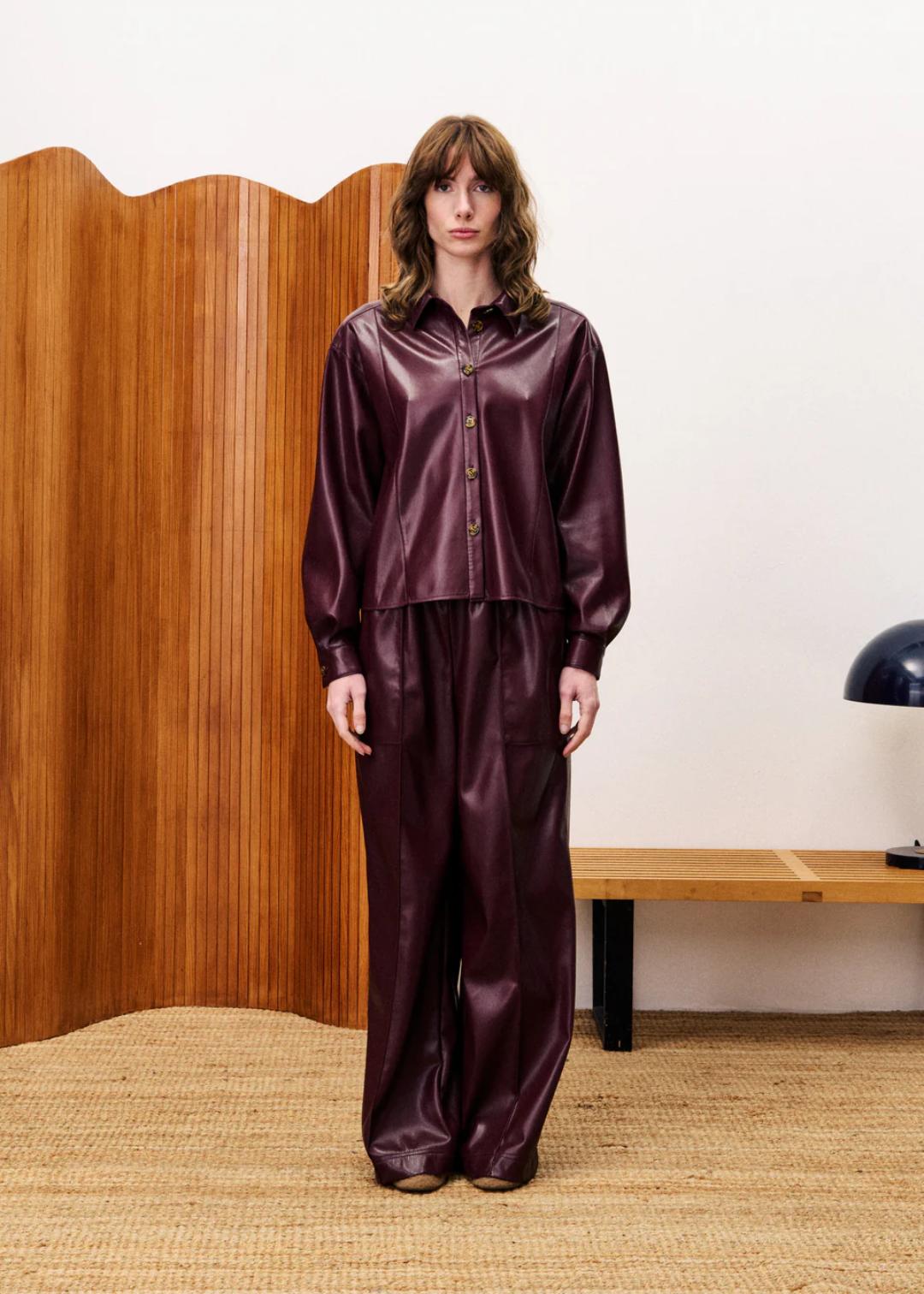 long sleeve button up faux leather shirt