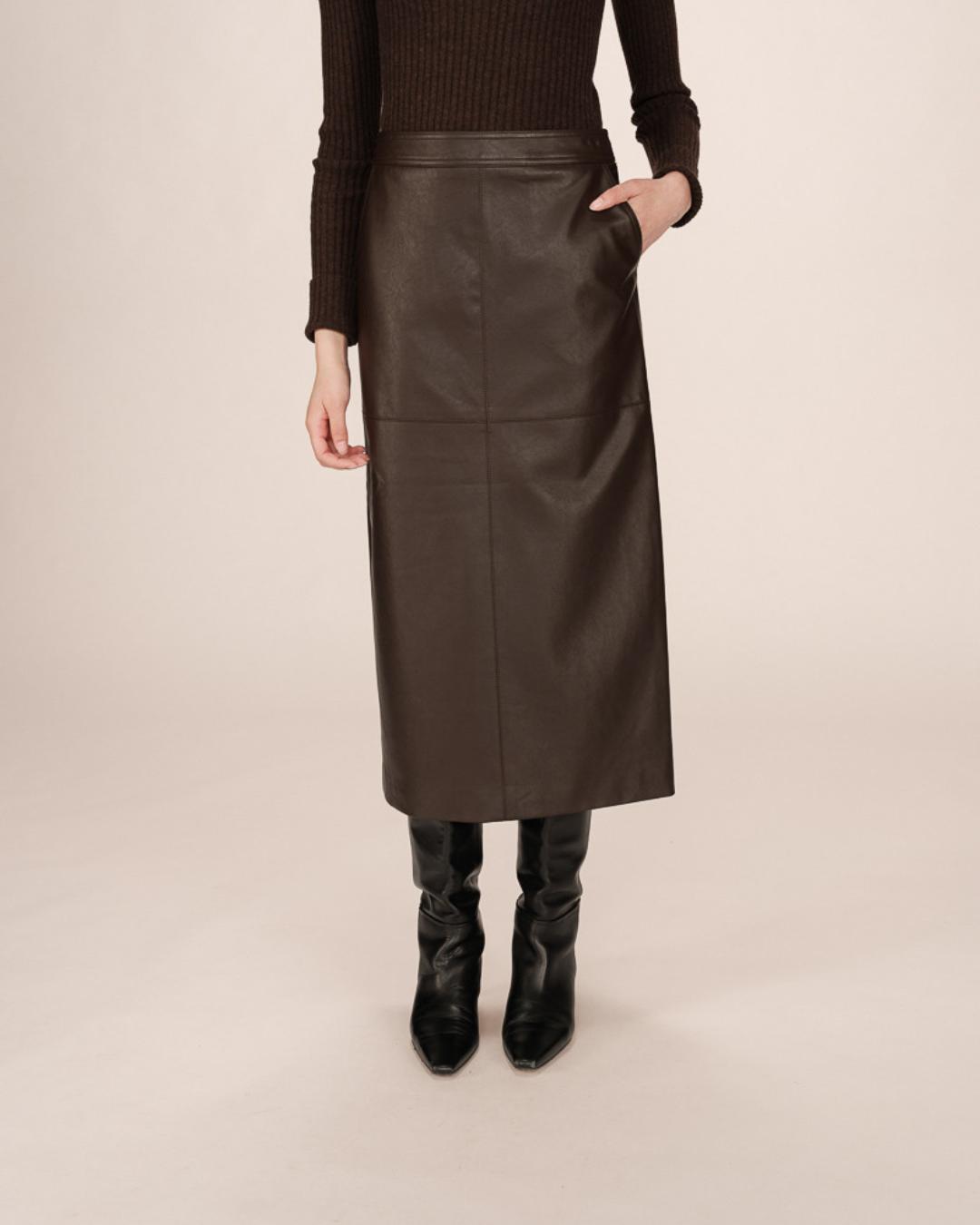 brown faux leather midi skirt