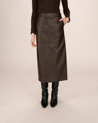 brown faux leather midi skirt