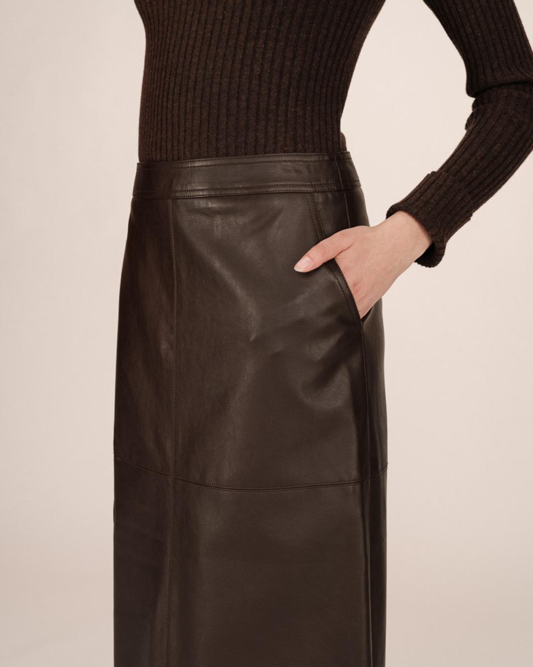 brown faux leather midi skirt
