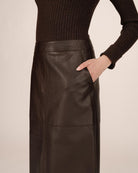 brown faux leather midi skirt