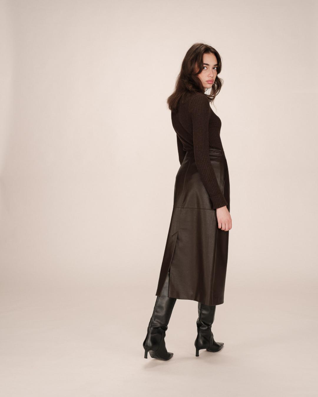 brown faux leather midi skirt