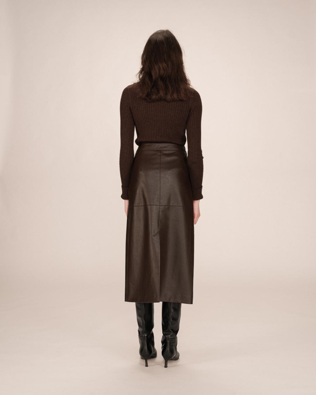 brown faux leather midi skirt