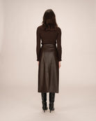 brown faux leather midi skirt