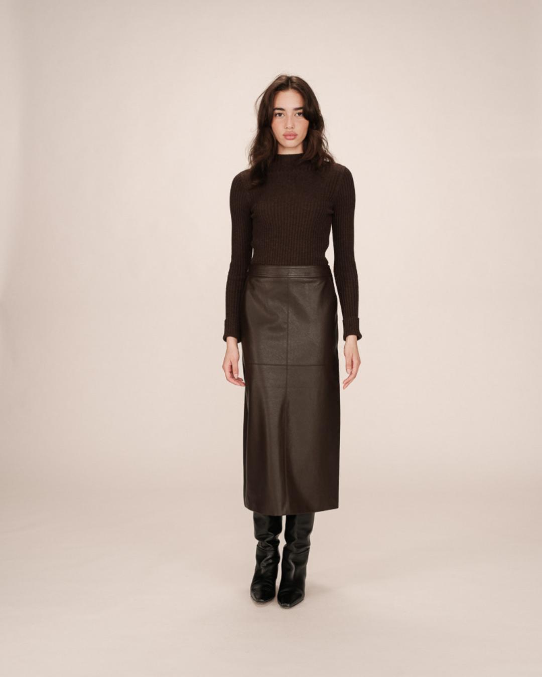 brown faux leather midi skirt