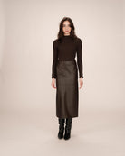 brown faux leather midi skirt