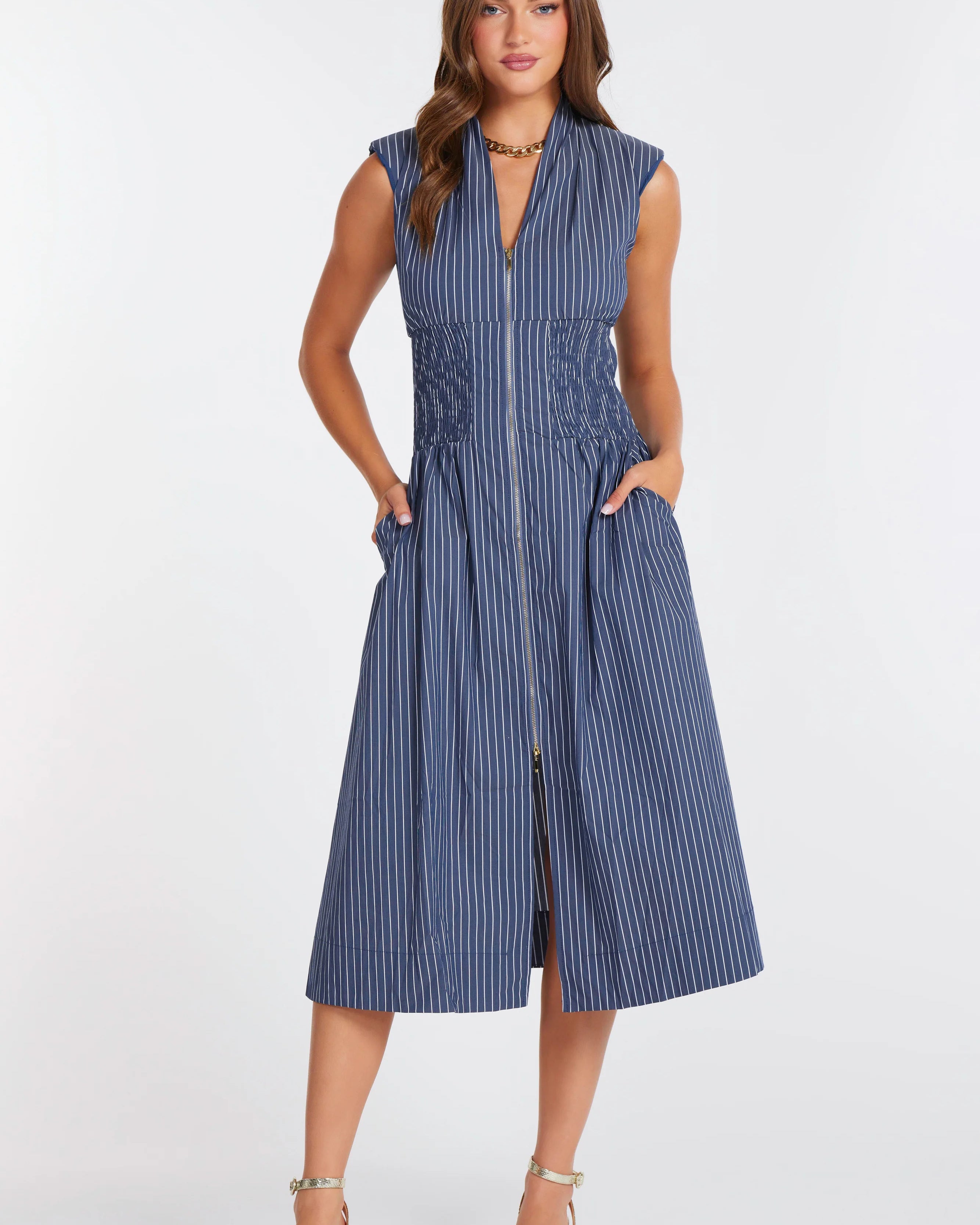 midi dress with a zipper in the front in blue and white stripes