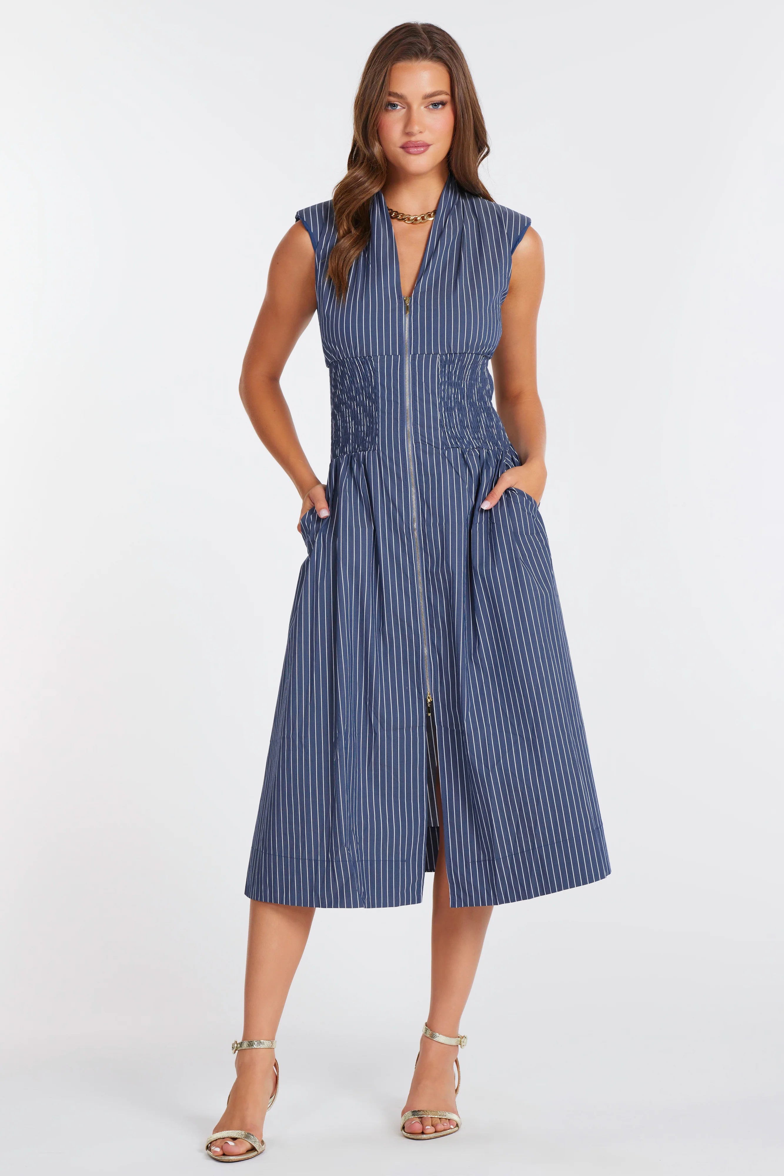 midi dress with a zipper in the front in blue and white stripes