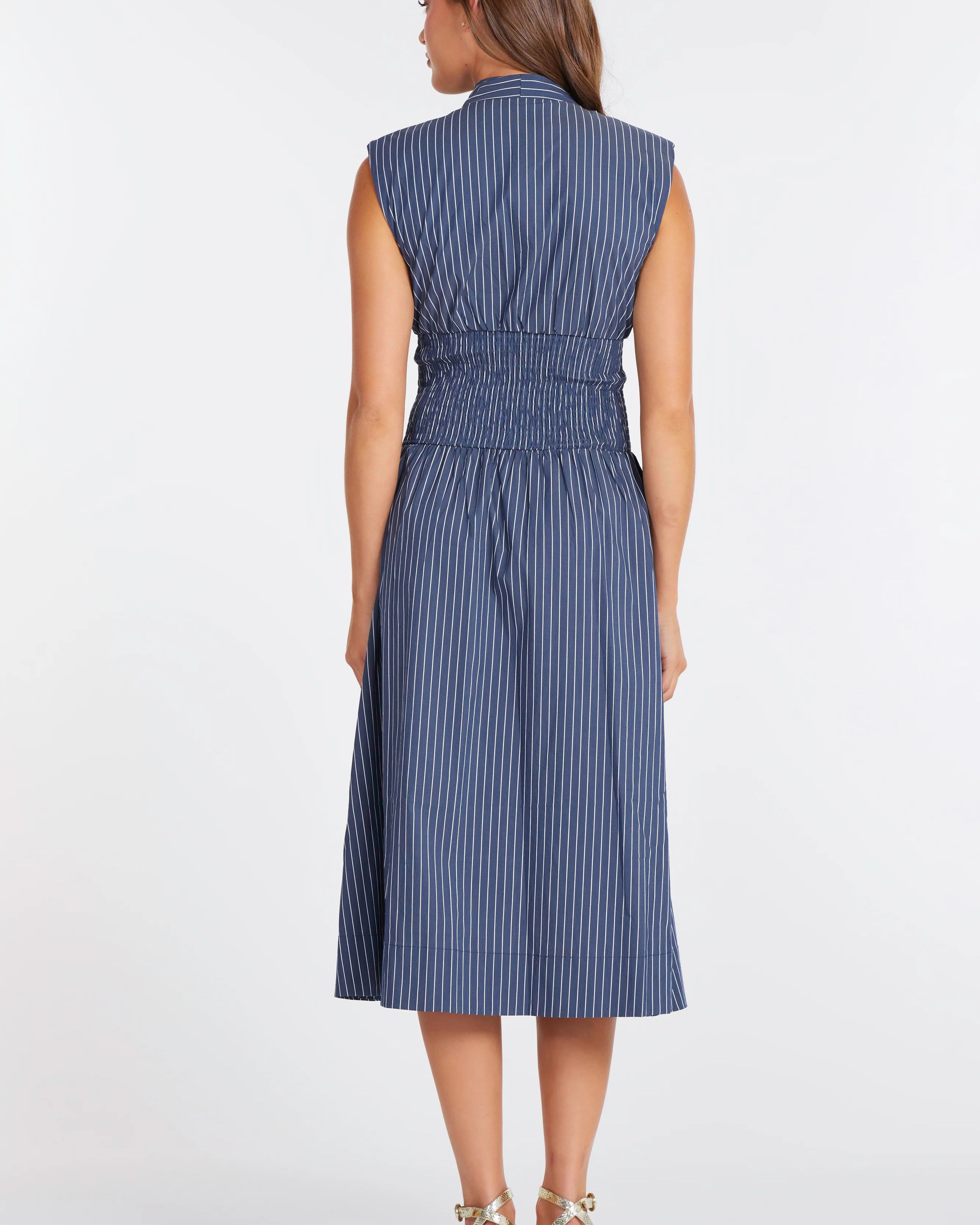 midi dress with a zipper in the front in blue and white stripes