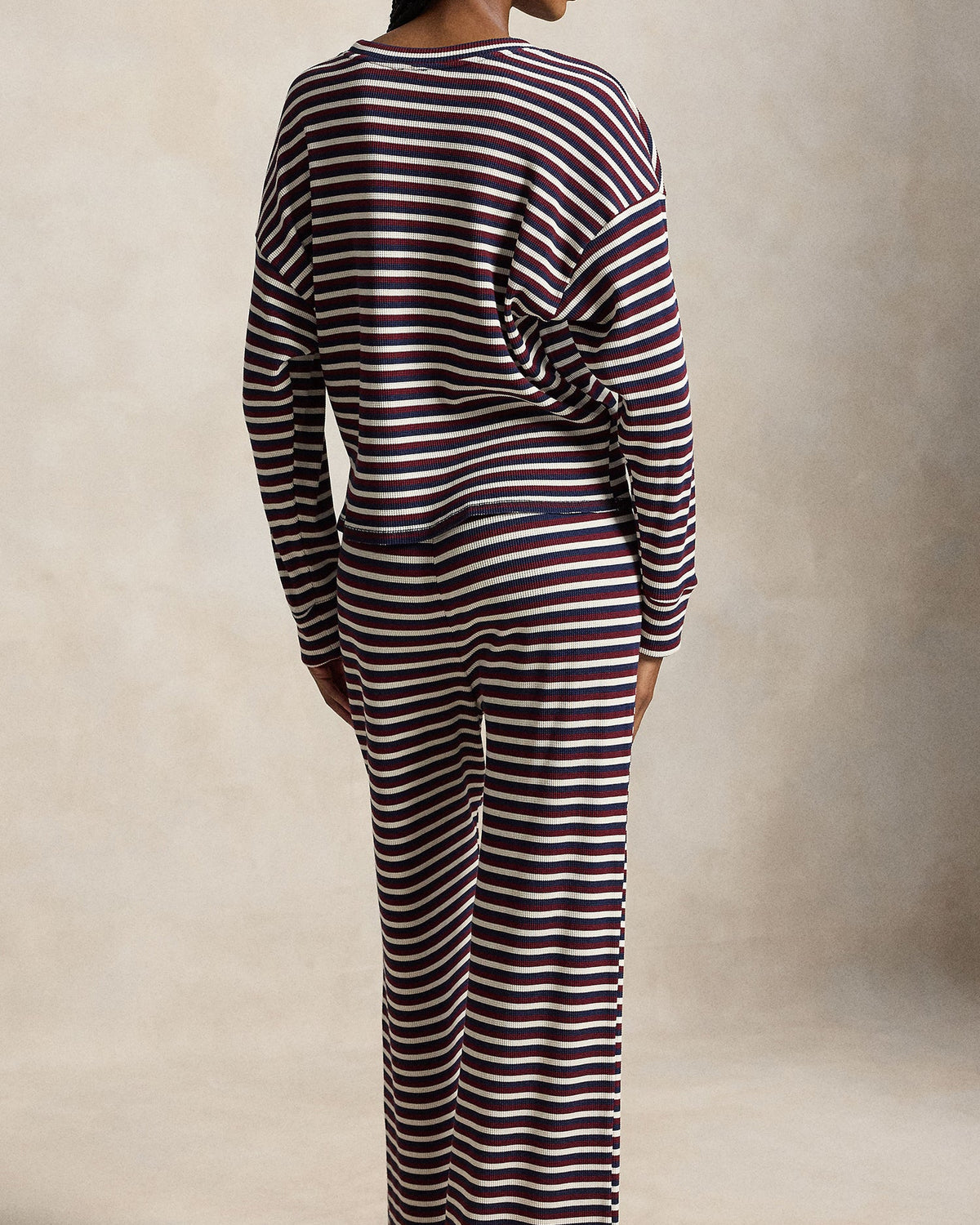 lounge pant and long sleeve shirt in navy, burgundy and white stripes
