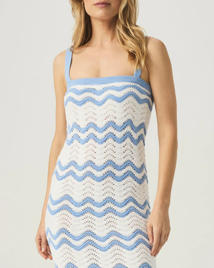 knit crochet sweater dress with blue and white zig zag stripes