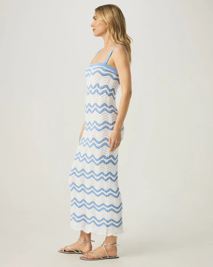 knit crochet sweater dress with blue and white zig zag stripes