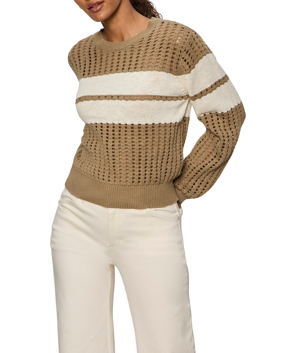 open knit sweater in dark green with a white stripe