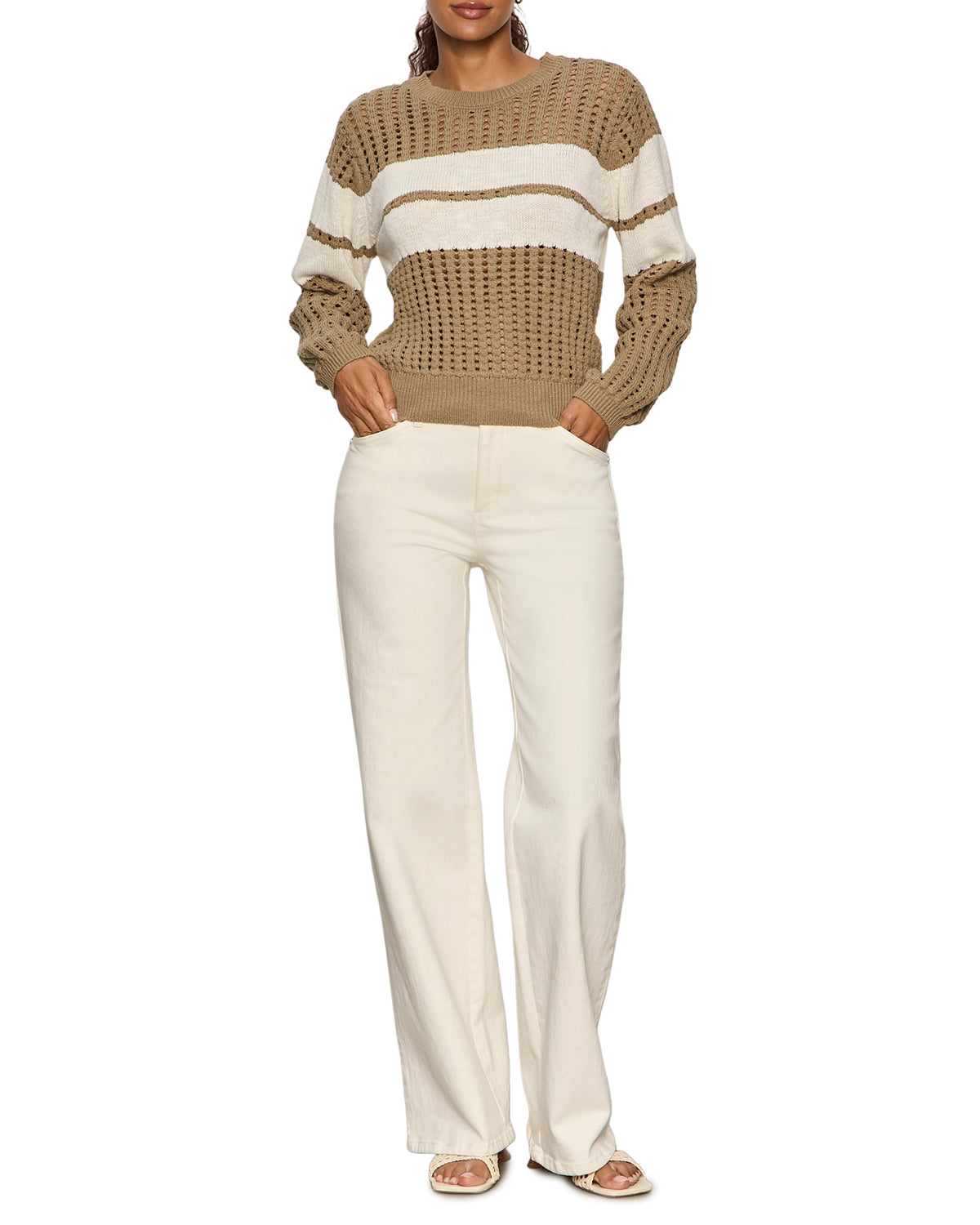 open knit sweater in dark green with a white stripe