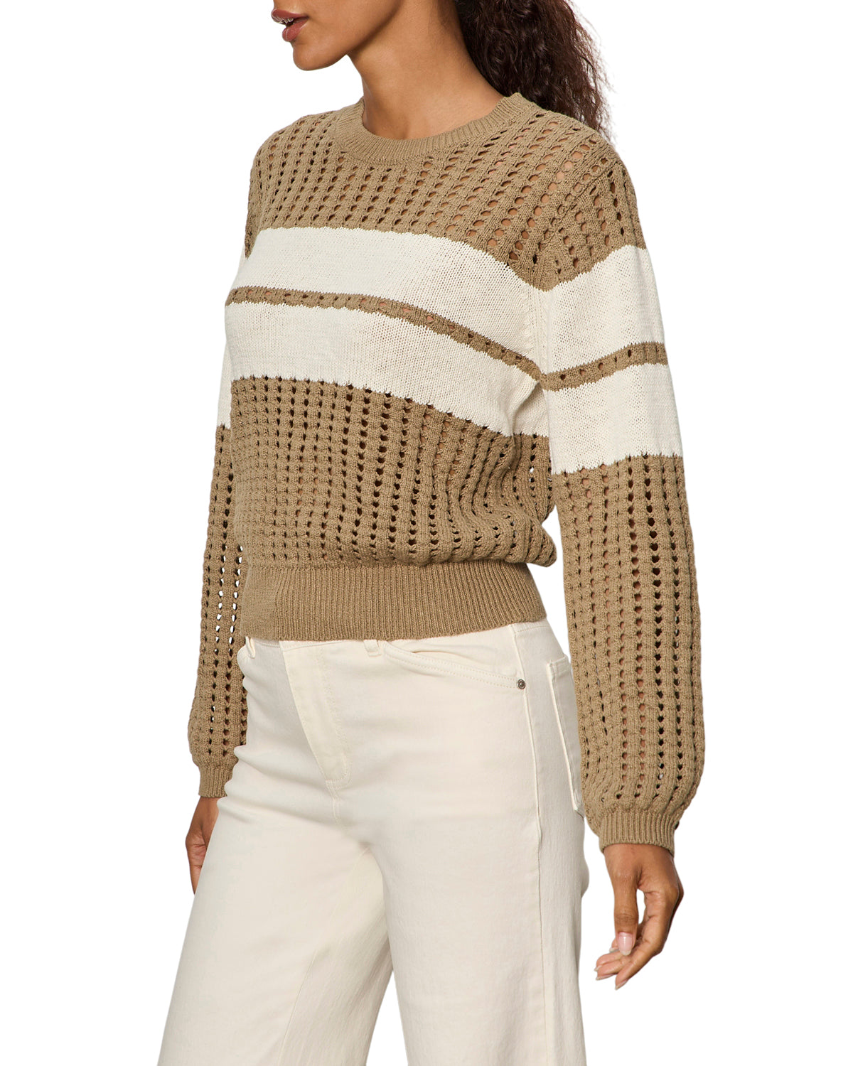 open knit sweater in dark green with a white stripe