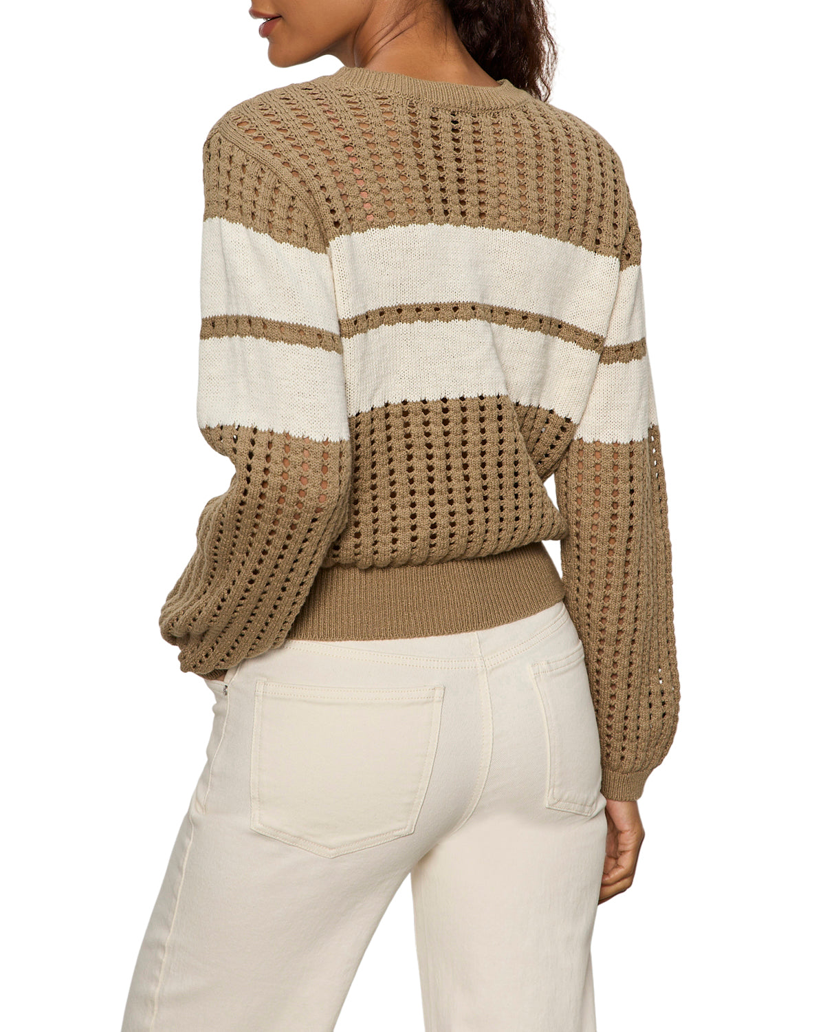 open knit sweater in dark green with a white stripe